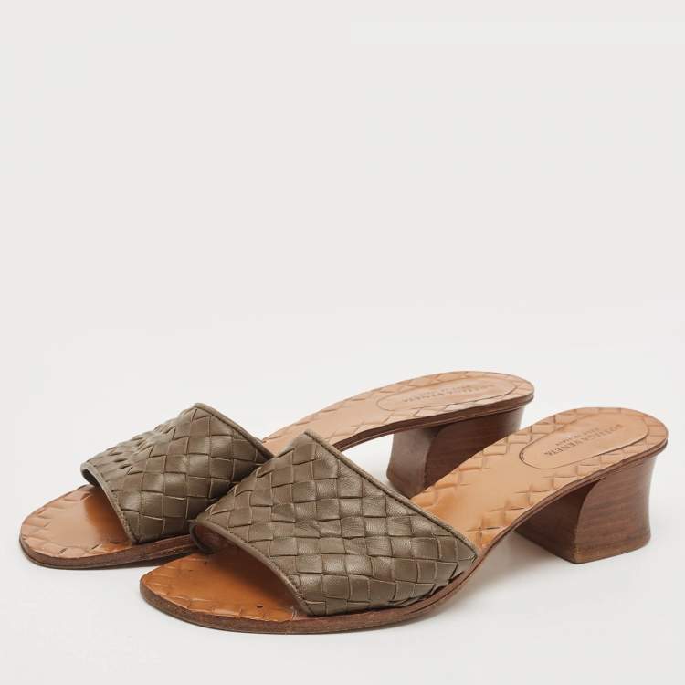 Pre Owned Bottega Veneta Brown Intrecciato Leather Ravello Slide Sandals Size 37.5
