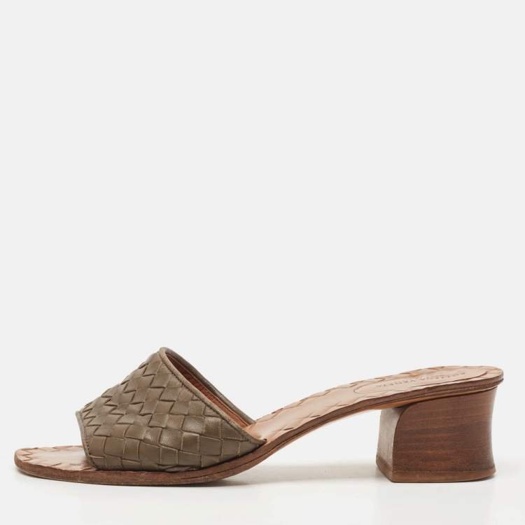 Pre Owned Bottega Veneta Brown Intrecciato Leather Ravello Slide Sandals Size 37.5