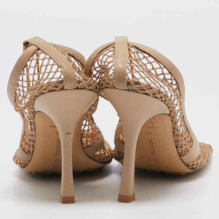 Pre Owned Bottega Veneta Beige Mesh and Leather Chain Stretch Pumps Size 38