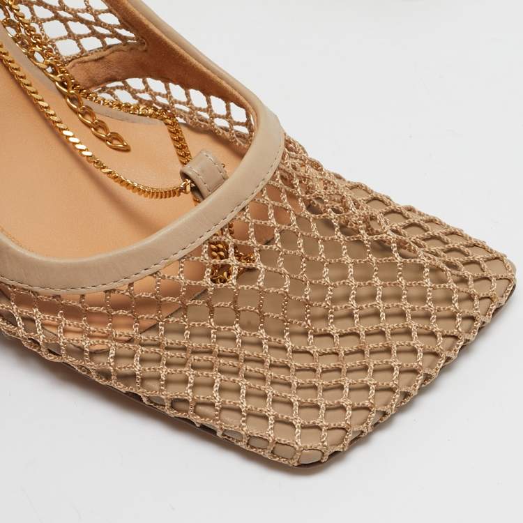 Pre Owned Bottega Veneta Beige Mesh and Leather Chain Stretch Pumps Size 38