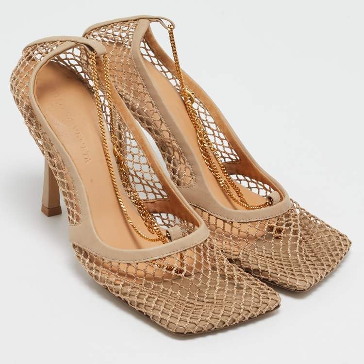Pre Owned Bottega Veneta Beige Mesh and Leather Chain Stretch Pumps Size 38