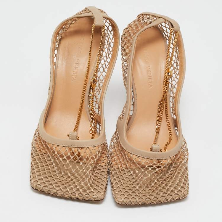 Pre Owned Bottega Veneta Beige Mesh and Leather Chain Stretch Pumps Size 38