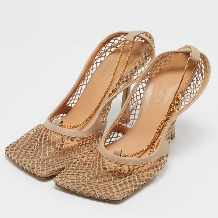 Pre Owned Bottega Veneta Beige Mesh and Leather Chain Stretch Pumps Size 38