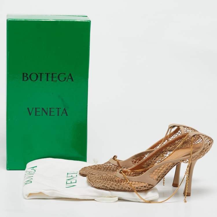 Pre Owned Bottega Veneta Beige Mesh and Leather Chain Stretch Pumps Size 38
