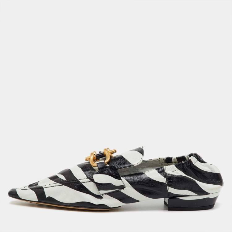 Pre Owned Bottega Veneta Black/White Zebra Print Leather BV Madame Loafers Size 38.5