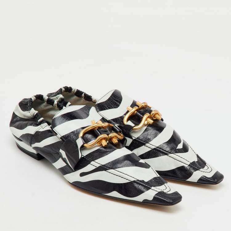 Pre Owned Bottega Veneta Black/White Zebra Print Leather BV Madame Loafers Size 38.5