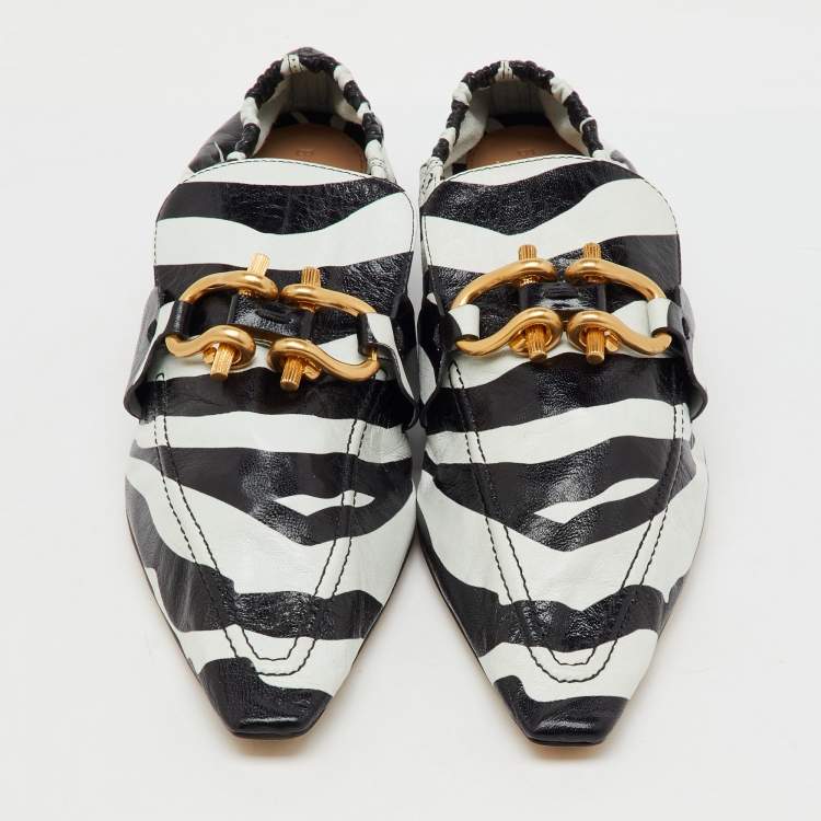 Pre Owned Bottega Veneta Black/White Zebra Print Leather BV Madame Loafers Size 38.5
