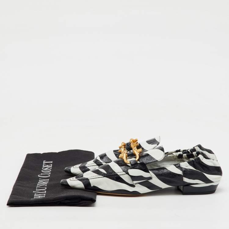Pre Owned Bottega Veneta Black/White Zebra Print Leather BV Madame Loafers Size 38.5
