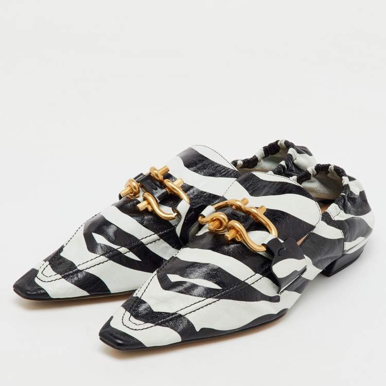 Pre Owned Bottega Veneta Black/White Zebra Print Leather BV Madame Loafers Size 38.5