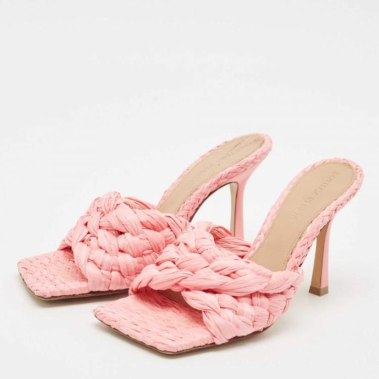 Pre Owned Bottega Veneta Pink Woven Raffia Stretch Slide Sandals Size 36