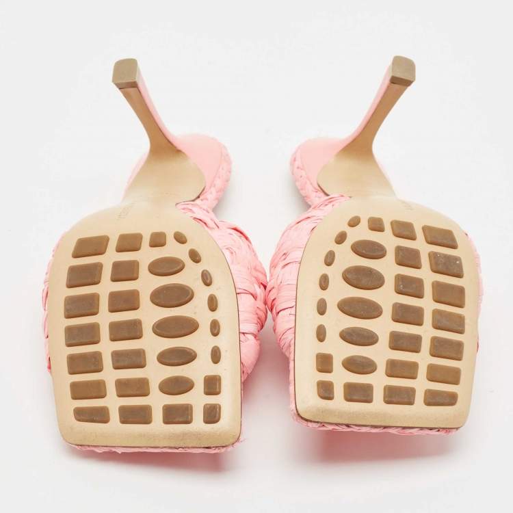 Pre Owned Bottega Veneta Pink Woven Raffia Stretch Slide Sandals Size 36