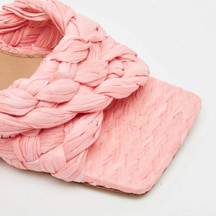 Pre Owned Bottega Veneta Pink Woven Raffia Stretch Slide Sandals Size 36