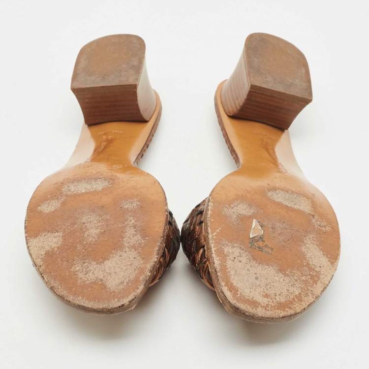Pre Owned Bottega Veneta Bronze intreciato Leather Slide Sandals Size 38