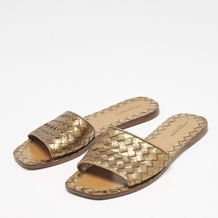 Pre Owned Bottega Veneta Metallic Bronze Intrecciato Leather Flat Slides Size 37