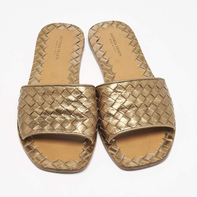 Pre Owned Bottega Veneta Metallic Bronze Intrecciato Leather Flat Slides Size 37