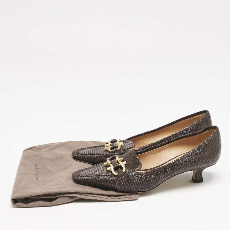 Pre Owned Bottega Veneta Brown Lizard Embossed Leather Madame Pumps Size 40.5