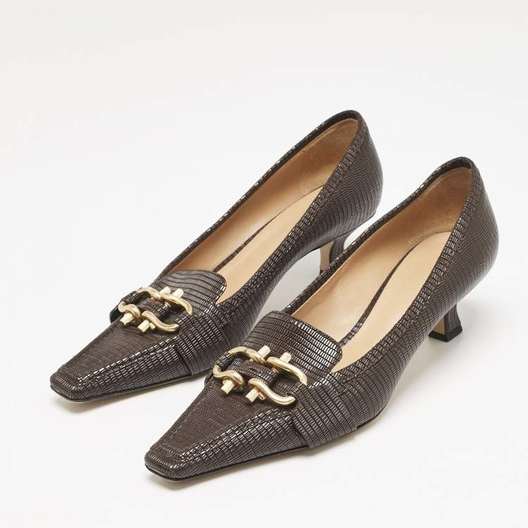 Pre Owned Bottega Veneta Brown Lizard Embossed Leather Madame Pumps Size 40.5