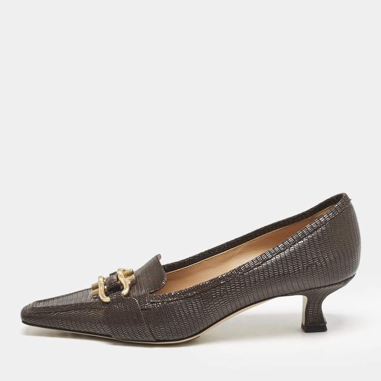 Pre Owned Bottega Veneta Brown Lizard Embossed Leather Madame Pumps Size 40.5