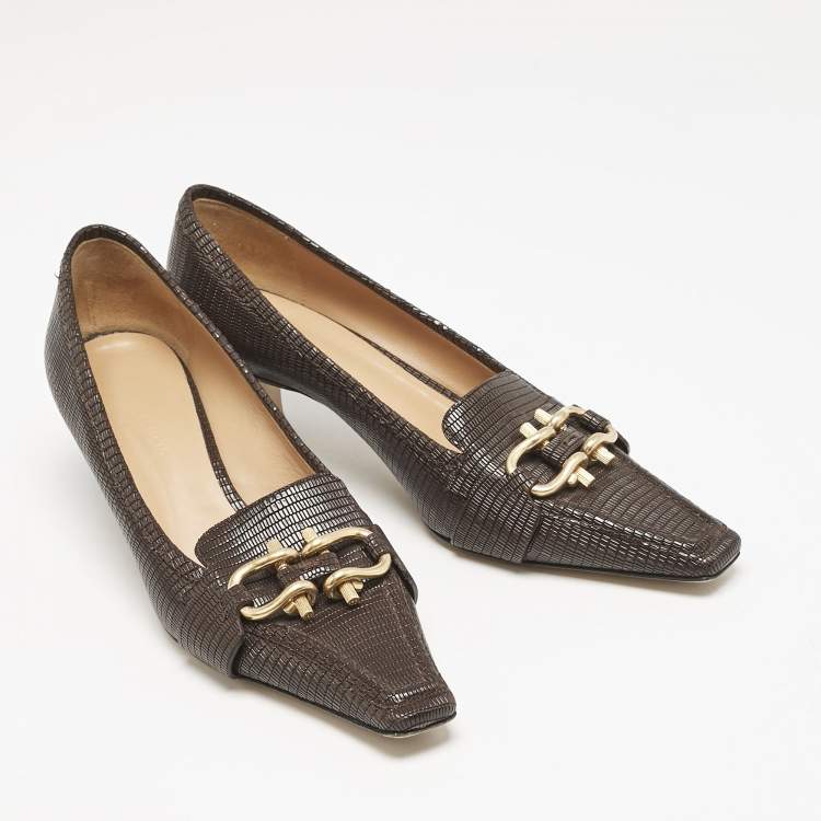 Pre Owned Bottega Veneta Brown Lizard Embossed Leather Madame Pumps Size 40.5