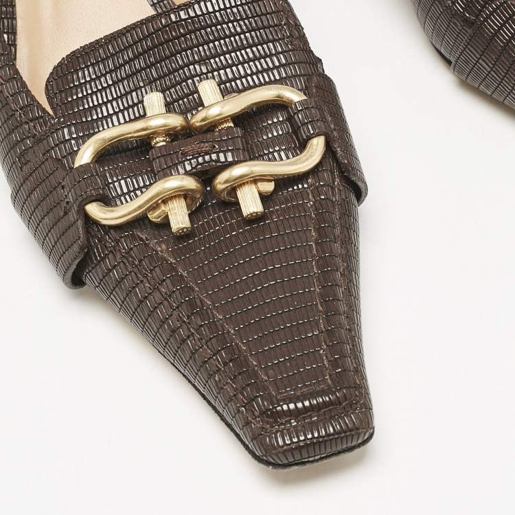 Pre Owned Bottega Veneta Brown Lizard Embossed Leather Madame Pumps Size 40.5
