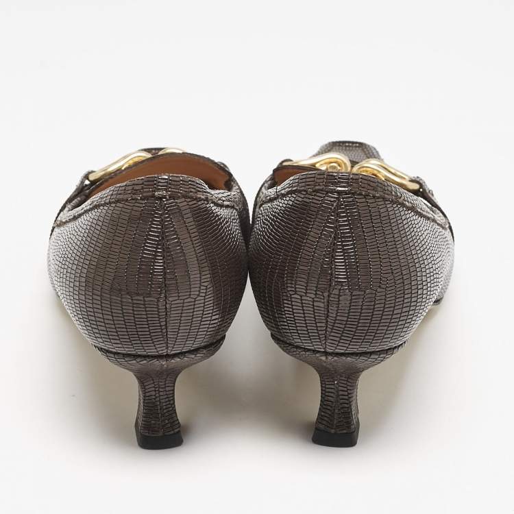 Pre Owned Bottega Veneta Brown Lizard Embossed Leather Madame Pumps Size 40.5
