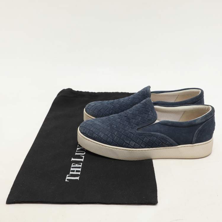 Pre Owned Bottega Veneta Navy Blue Intrecciato Suede Dodger Slip On Sneakers Size 36