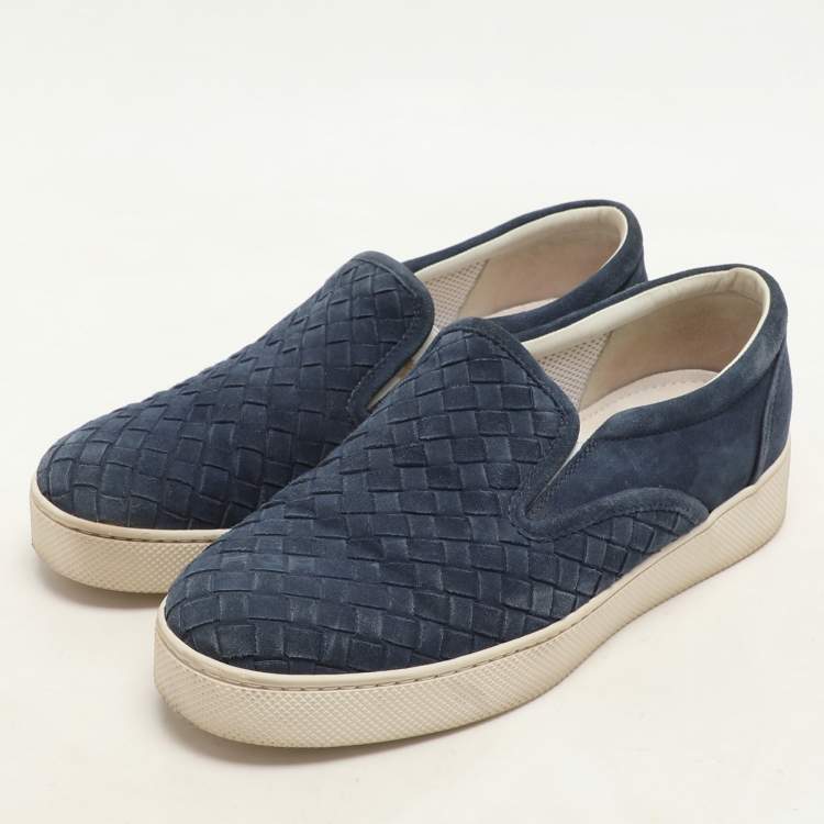 Pre Owned Bottega Veneta Navy Blue Intrecciato Suede Dodger Slip On Sneakers Size 36