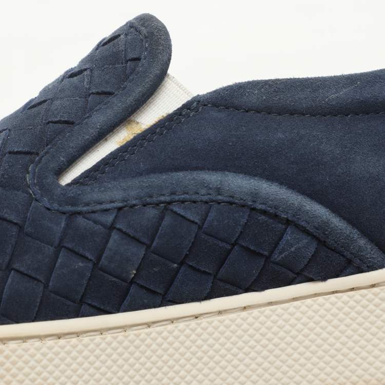 Pre Owned Bottega Veneta Navy Blue Intrecciato Suede Dodger Slip On Sneakers Size 36