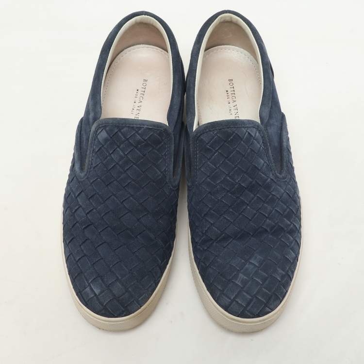 Pre Owned Bottega Veneta Navy Blue Intrecciato Suede Dodger Slip On Sneakers Size 36