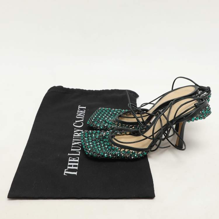 Pre Owned Bottega Veneta Green Leather and Mesh Stretch Embellished Ankle Wrap Sandals Size 37