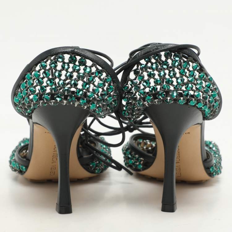 Pre Owned Bottega Veneta Green Leather and Mesh Stretch Embellished Ankle Wrap Sandals Size 37