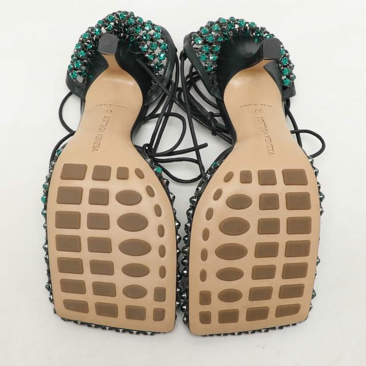 Pre Owned Bottega Veneta Green Leather and Mesh Stretch Embellished Ankle Wrap Sandals Size 37