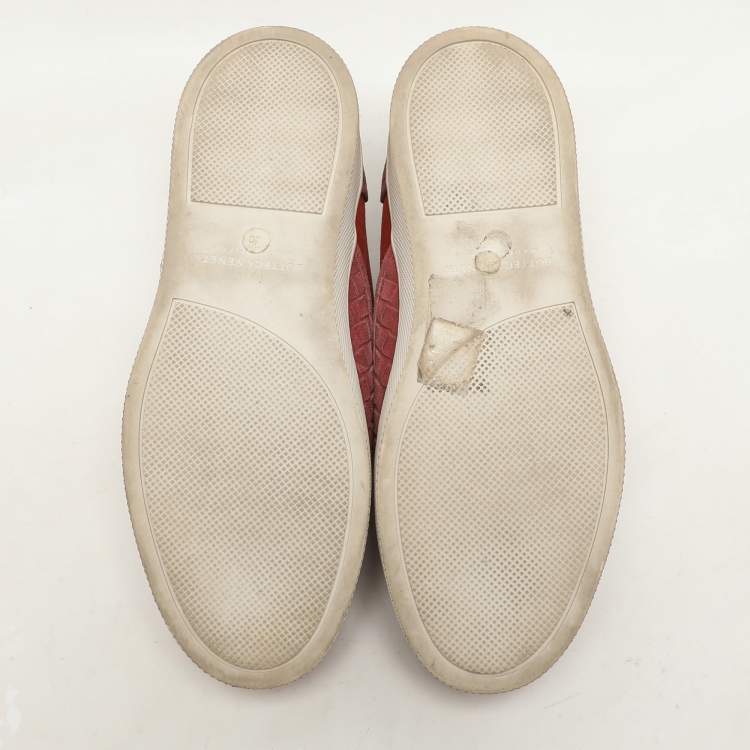 Pre Owned Bottega Veneta Burgundy/Brick Red Intrecciato Suede Dodger Slip On Sneakers 36