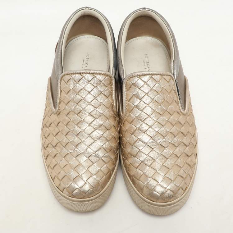 Pre Owned Bottega Veneta Gold Intrecciato Suede Dodger Slip On Sneakers 36