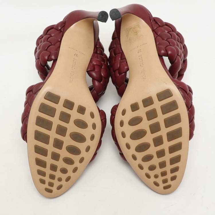 Pre Owned Bottega Veneta Burgundy Woven Leather Slide Sandals Size 37