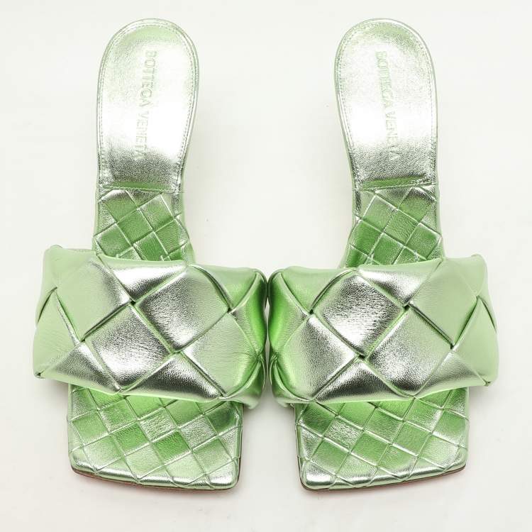 Pre Owned Bottega Veneta Metallic Green Intrecciato Leather Lido Slide Sandals Size 37