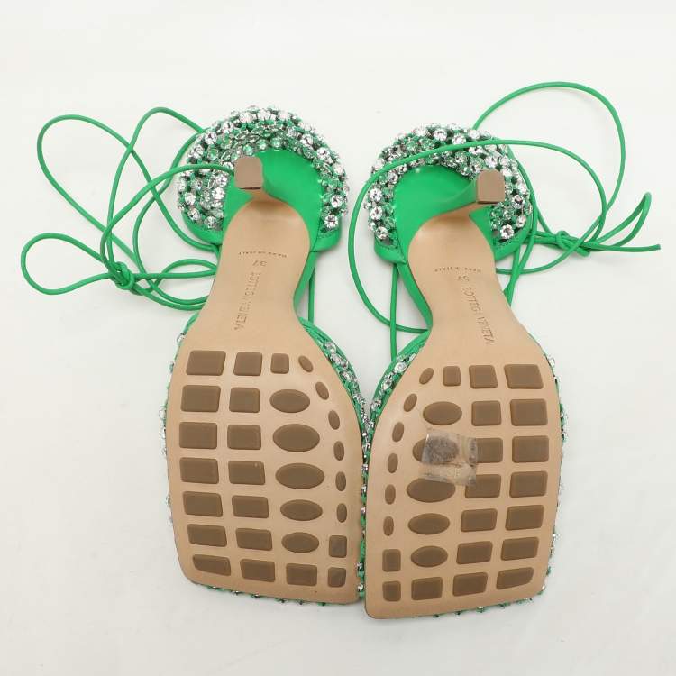 مملوكة مسبقًا Bottega Veneta Green Leather And Cotton Mesh Sparkle Stretch Ankle Wrap Sandals Size 37