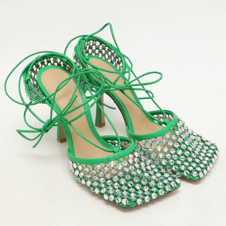 مملوكة مسبقًا Bottega Veneta Green Leather And Cotton Mesh Sparkle Stretch Ankle Wrap Sandals Size 37