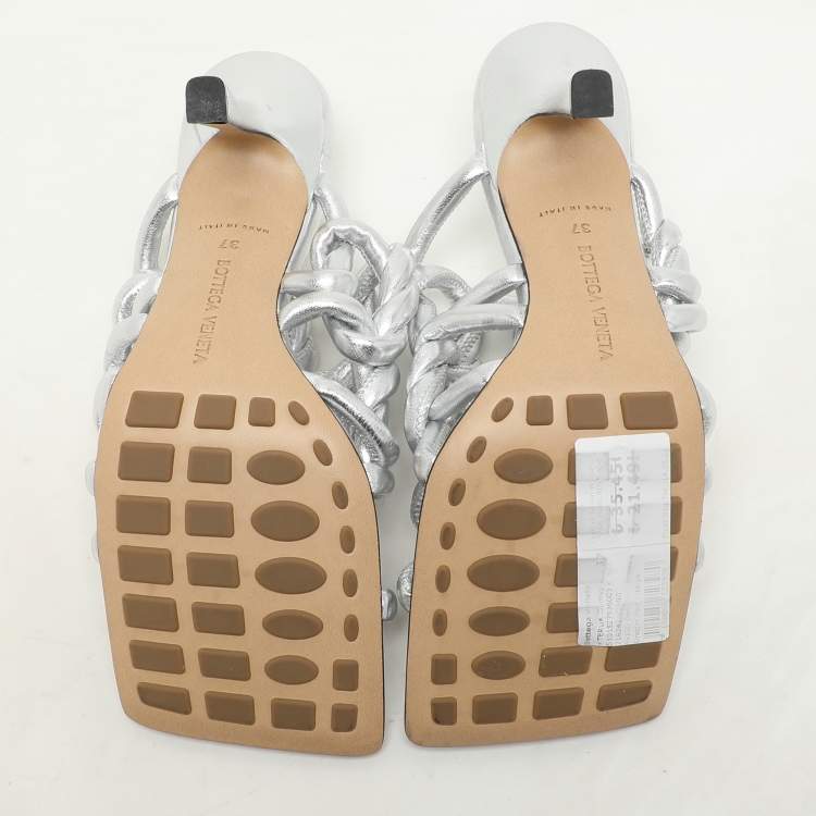 Pre Owned Bottega Veneta Silver Foil Leather Stretch Mules Size 37