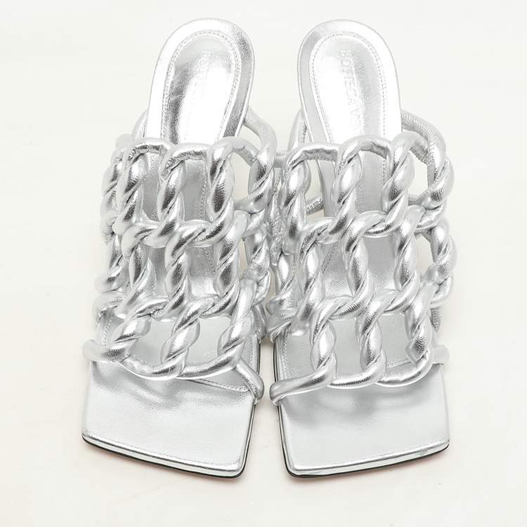 Pre Owned Bottega Veneta Silver Foil Leather Stretch Mules Size 37