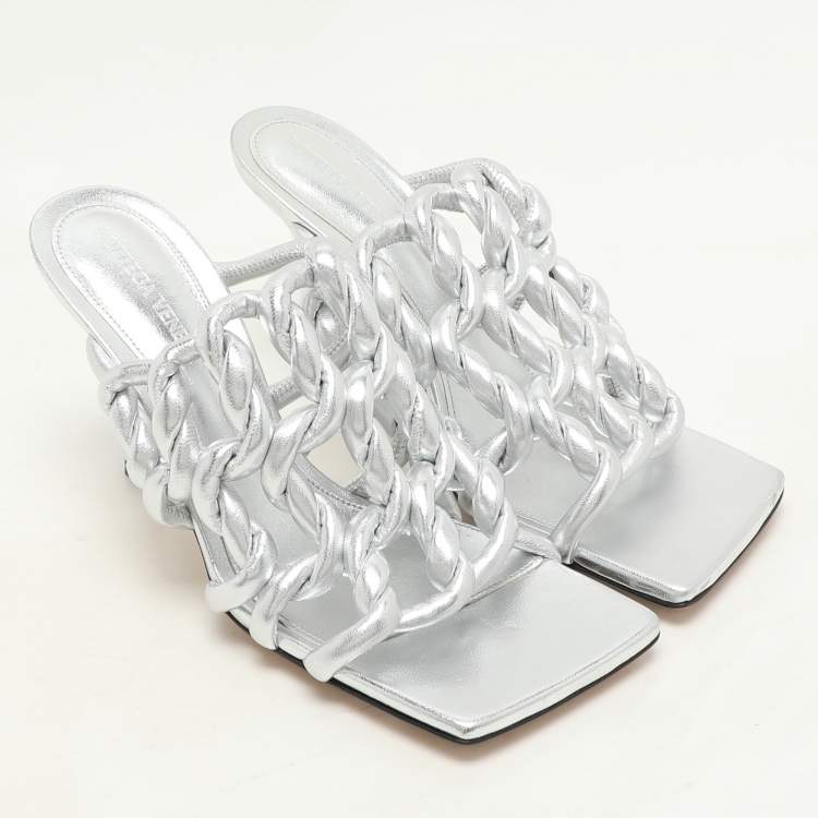 Pre Owned Bottega Veneta Silver Foil Leather Stretch Mules Size 37