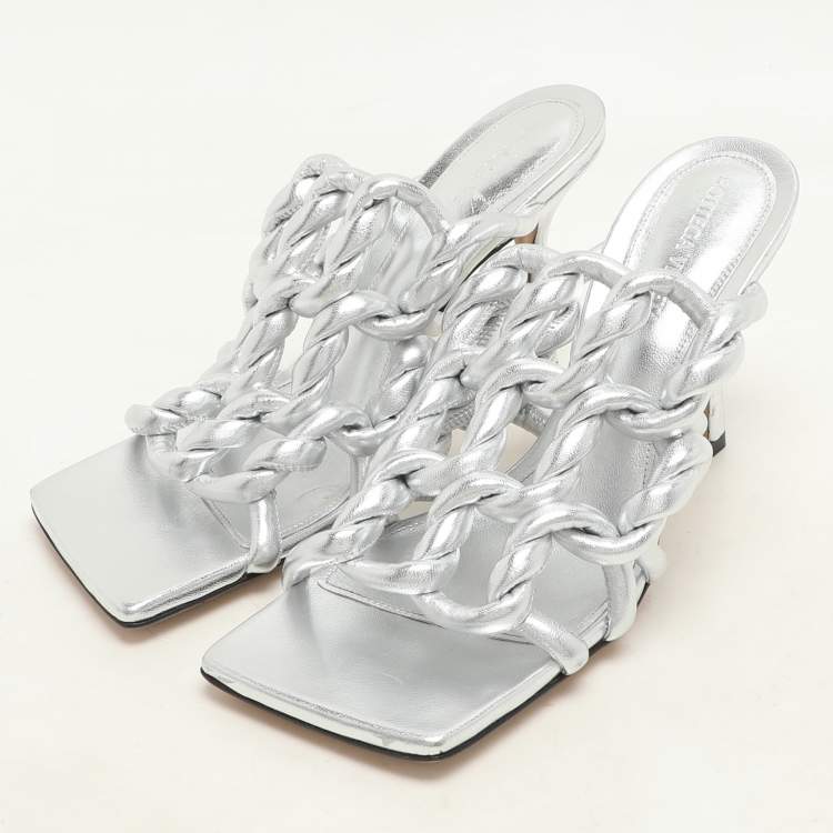 Pre Owned Bottega Veneta Silver Foil Leather Stretch Mules Size 37