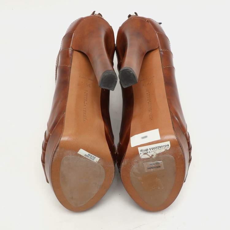 Pre Owned Bottega Veneta Brown Leather Open Toe Booties Size 36.5