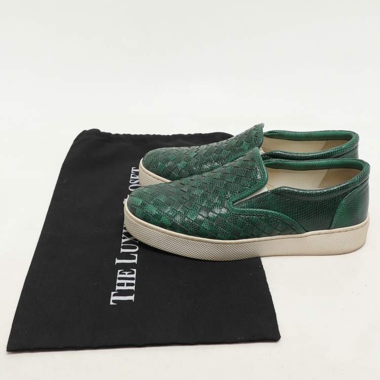 Pre Owned Bottega Veneta Green  Intrecciato Karung Leather Dodger Slip On Sneakers Size 36.5