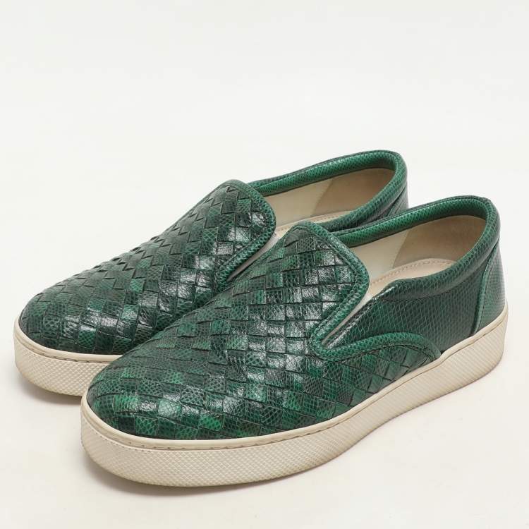 Pre Owned Bottega Veneta Green  Intrecciato Karung Leather Dodger Slip On Sneakers Size 36.5