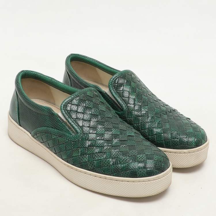 Pre Owned Bottega Veneta Green  Intrecciato Karung Leather Dodger Slip On Sneakers Size 36.5