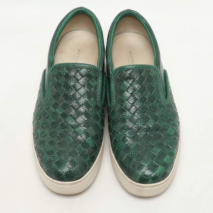 Pre Owned Bottega Veneta Green  Intrecciato Karung Leather Dodger Slip On Sneakers Size 36.5