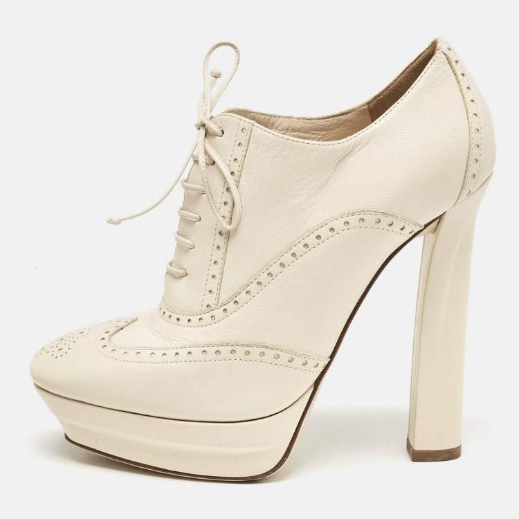 Pre Owned Bottega Veneta Cream Brogue Leather Oxford Platform Booties Size 39