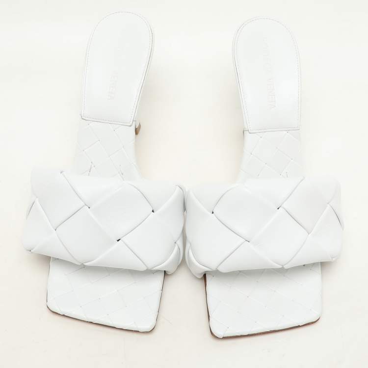 Pre Owned Bottega Veneta White Intrecciato Leather Lido Slide Sandals Size 37