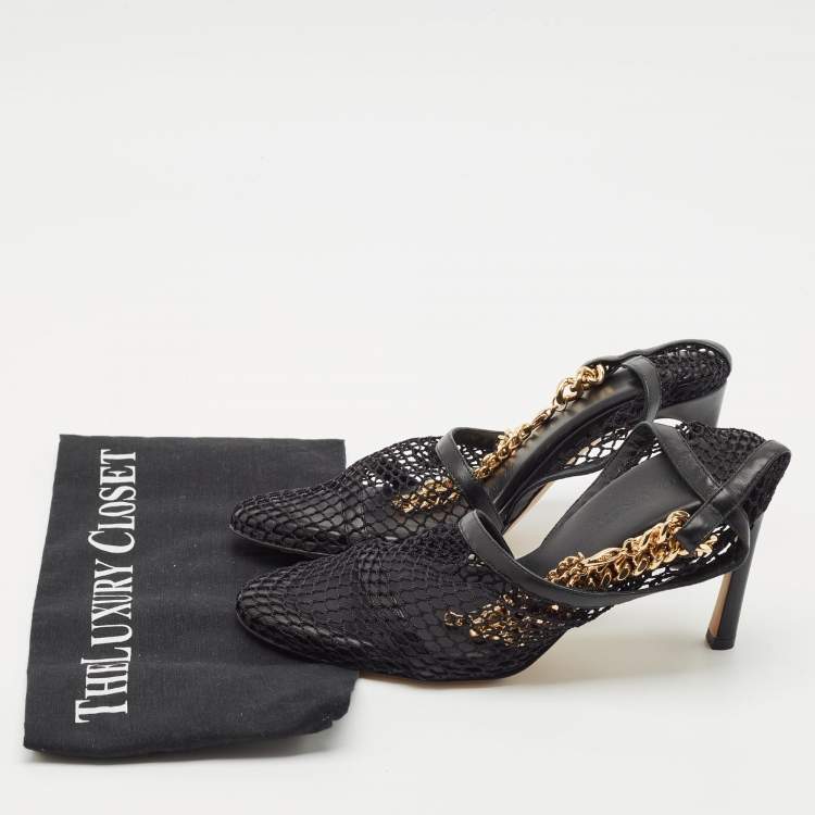 Pre Owned Bottega Veneta Black Leather and Mesh Stretch Ankle Strap Pumps Size 35.5
